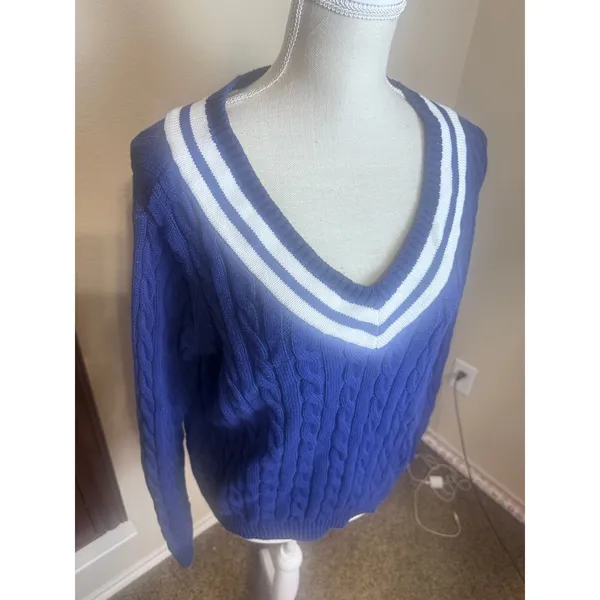 Lands End Womens Navy Blue Cable Knit Varsity Cotton Sweater Tennis Large 12-14 - Image 3