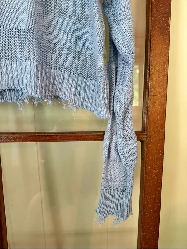BKE Ribbed Open Weave Hooded Cropped Knit Sweater Kentucky Blue Size Large - Image 6