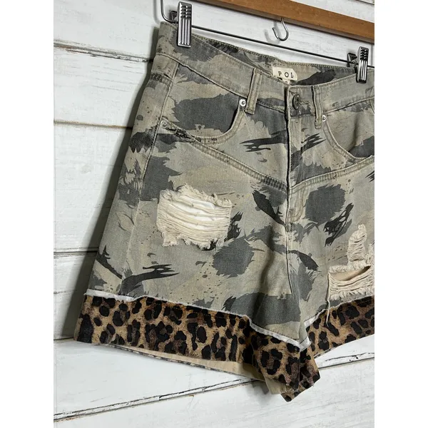 POL Camo Leopard Denim Shorts Size S Distressed Raw Hem Mixed Print Boho Shorts - Image 4