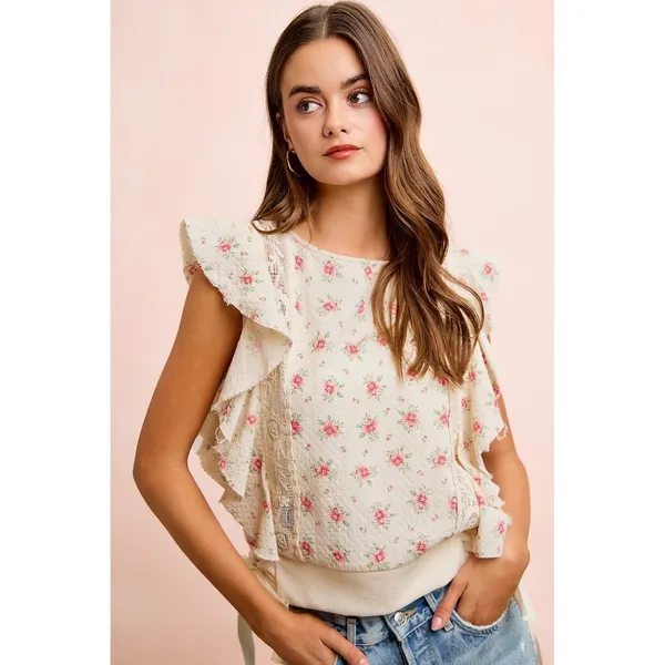 BiBi Flower Printed Ruffle Sleeve Trim Detail Top - Red Flower - Large - Image 4