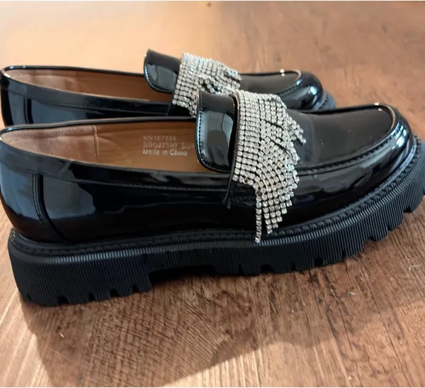 Shiny Black Diamond Fringe NastyGal Chunky Platform Loafers 7 US/38 EU - Image 4