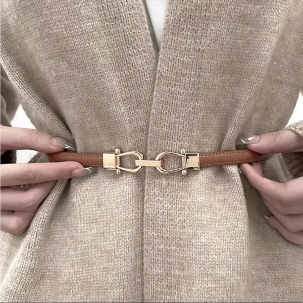Camel‎ Color Stylish Thin Belt Metal Simple Hook Buckle Adjustable Waist Band - Image 3