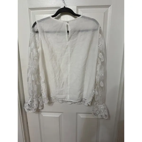 Zara White Embroidered Lace Mesh Long Sleeve‎ Top with Bell Cuffs Size Large - Image 4
