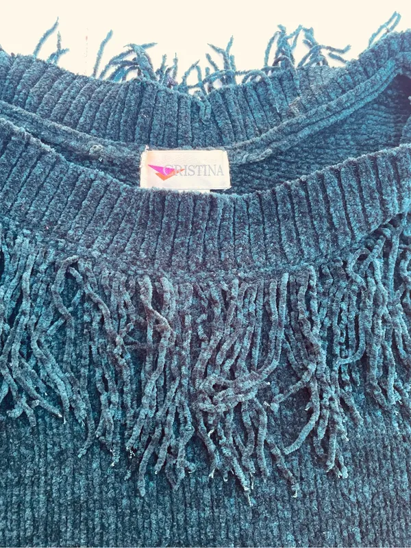 Vintage Cristina Fleece Fringe Pullover Sweater, Size L - Image 3