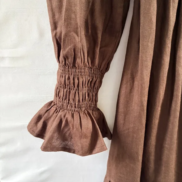 Brown Linen Maxi Dress Smocked Puff Sleeve Tiered Cottagecore DLD11313DBR - Image 6