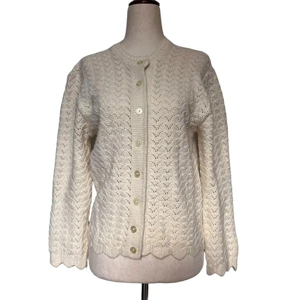 Vtg 60s Pointelle Knit Cardigan Women Sz S Cottagecore Coquette Wintuk Scallop - Image 2