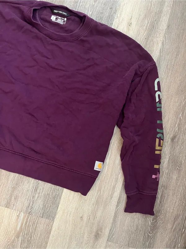 Carhartt Tencel Sweatshirt Womens Large Burgundy Loose Fit Cropped Sleeve Logo - Image 5