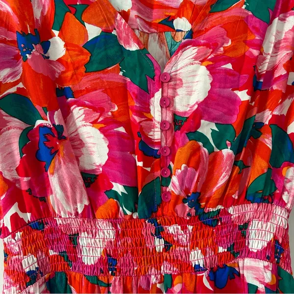 Anthropologie Abel the Label Red Pink Floral Smocked Waist Hi Lo Ruffle Dress M - Image 5