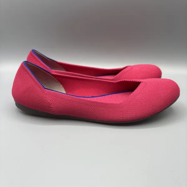 Rothys Ballet Flats Size 10 Bright Pink Knit Slip on Shoes Round Toe Blue Trim - Image 3