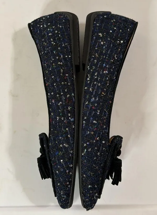 Talbots Francesca Tie Tassel Driving Moccasins in navy sequin tweed size 5.5 - Image 3