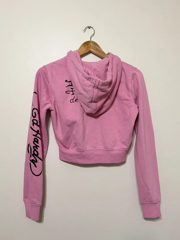 Ed Hardy Pink Skull Graphic Cropped Zip Hoodie Women’s NYC Medium - Image 7