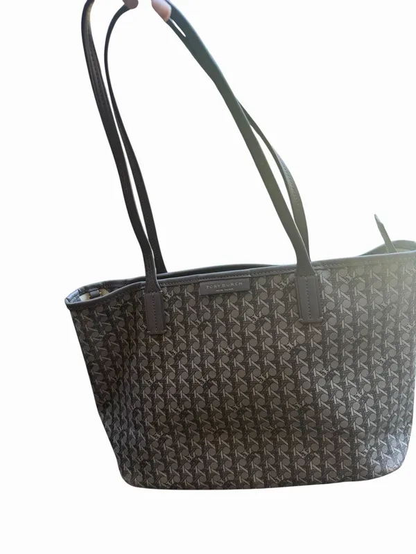 Tory Burch Gray & Black Textured Monogram Small Tote Bag Zip Top Logo Canvas - Image 5