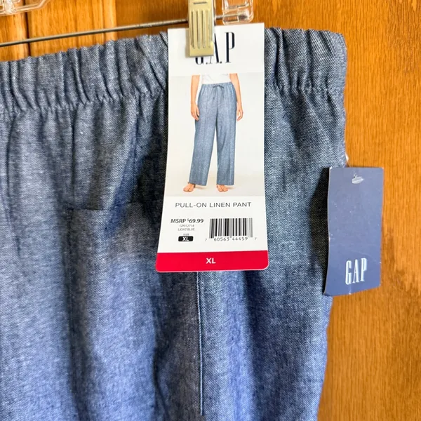 GAP Womens Large Tan White Striped Linen Blend Wide Leg Drawstring Pants - Image 2