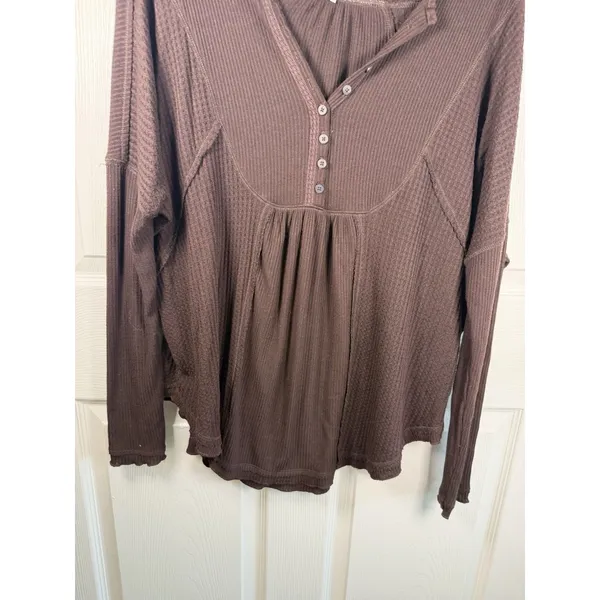 Free People Small Leo Henley Waffle Flow Tunic Brown Y2K Babydoll - Image 2