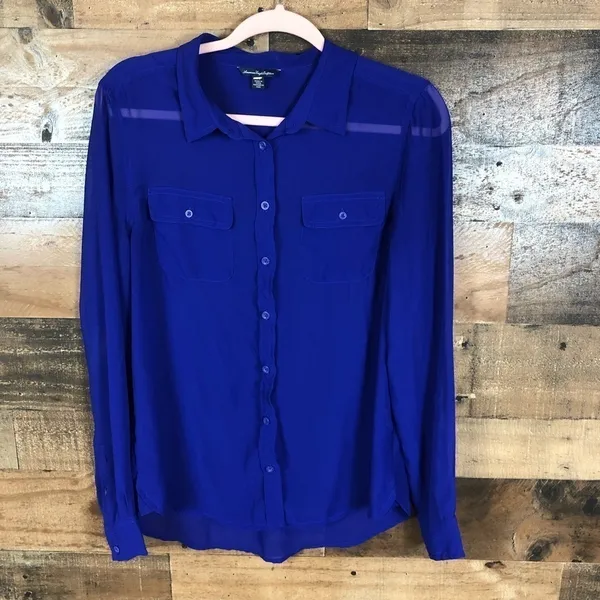 American Eagle Outfitters Royal Blue Chiffon‎ Button Down Shirt Womens Medium - Image 3