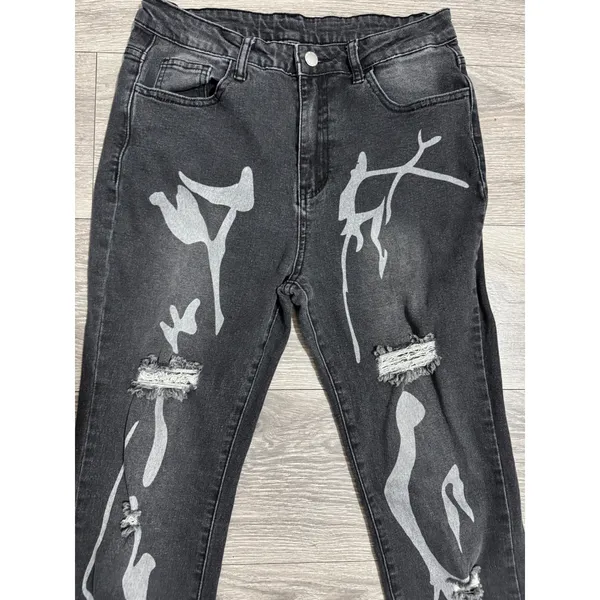 SheIn Womens Distressed Jeans Size L Graphic Print Black 28x29 High‎ Rise Straight Leg - Image 7