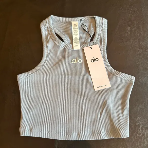 Alo Yoga Ribbed Crop Tank Top Women’s Light Blue Athletic Workout Fitted Racerba - Image 2