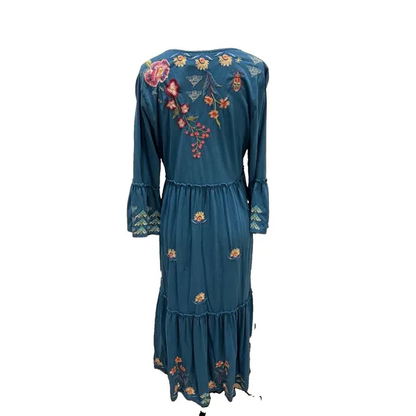 Johnny Was Bluebelle Embroidered Teal Maxi Dress S Bell Sleeve Peasant Tiered - Image 3