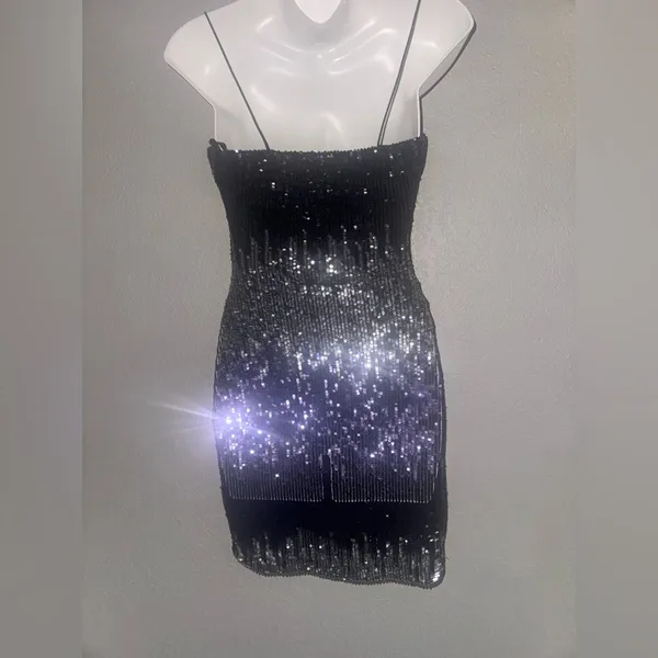B Darlin Ombre Purple Black Sequin Mini Dress Size 1/2 Bodycon Sparkly Glam - Image 3