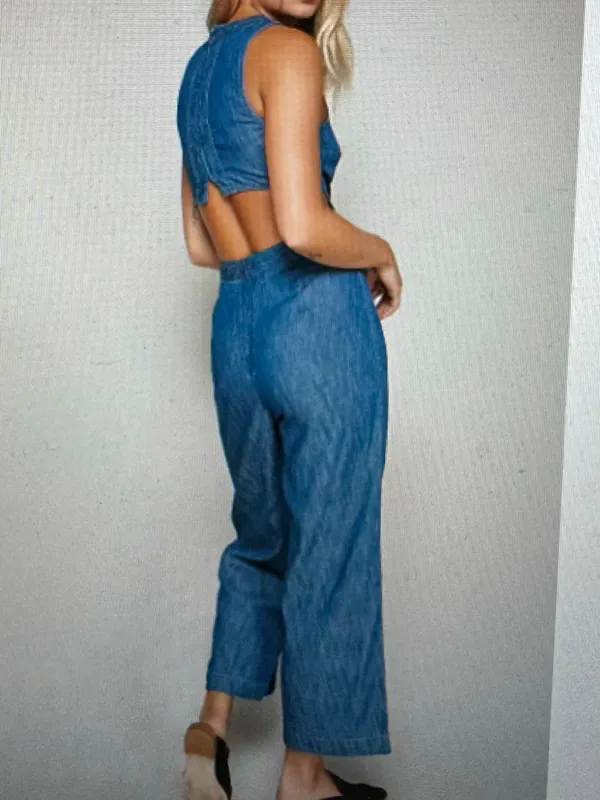 Free People Moonlight Mile Chambray Jumper Jumpsuit Denim Open Back - Image 12
