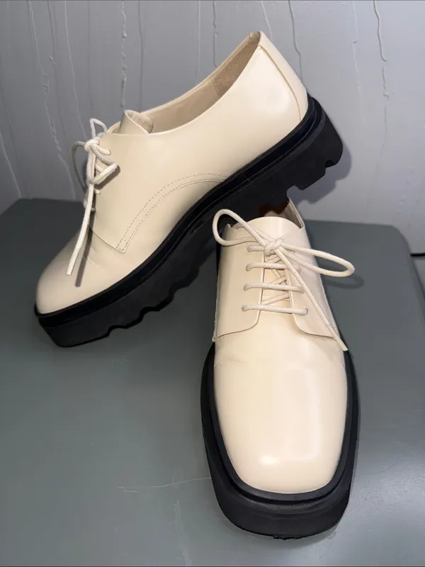Anthropology Maeve Cream Lace-Up Platform Loafers with Black Sole - Image 2