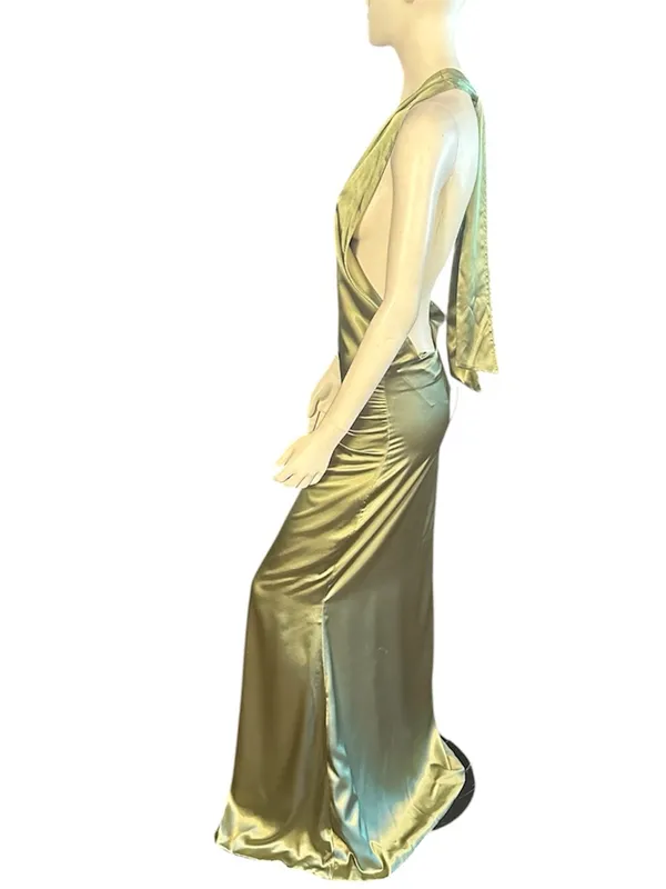 Inewer Backless Halter Puddling Floor Length Satin Gown Olive Green Size 8 NWT - Image 3