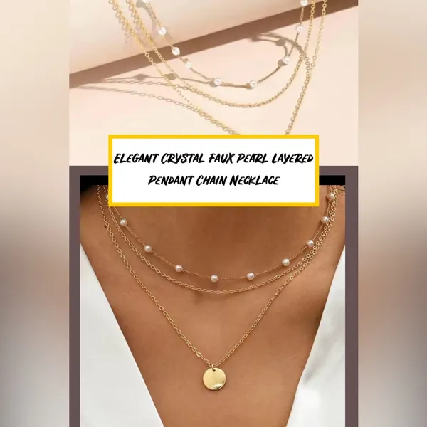 New Elegant Crystal Faux Pearl Pendant Necklace Layered Pearl Chain-Golden - Image 2