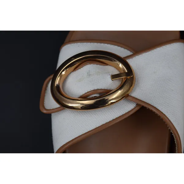 Steve Madden Slide Sandals Womens White Tan Gold Buckle Size 9.5 Canvas Slip - Image 6