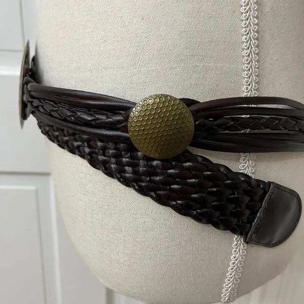 Braided Brass Medallion Belt XL Brown Boho Western Festival Faux Leather VTG - Image 4