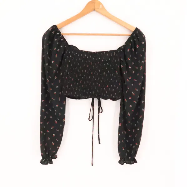 Forever 21 Floral Lace Up Milkmaid Crop Top Womens Size S Black Rose‎ Dark Fairy - Image 5