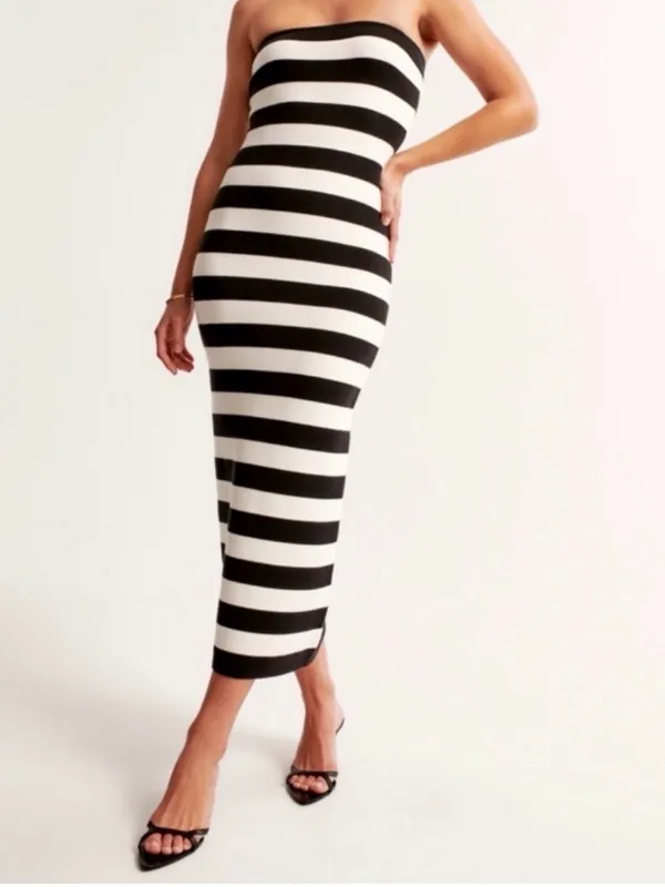 Abercrombie & Fitch Black and White Cream Strapless Striped Midi Dress Knit - Image 3