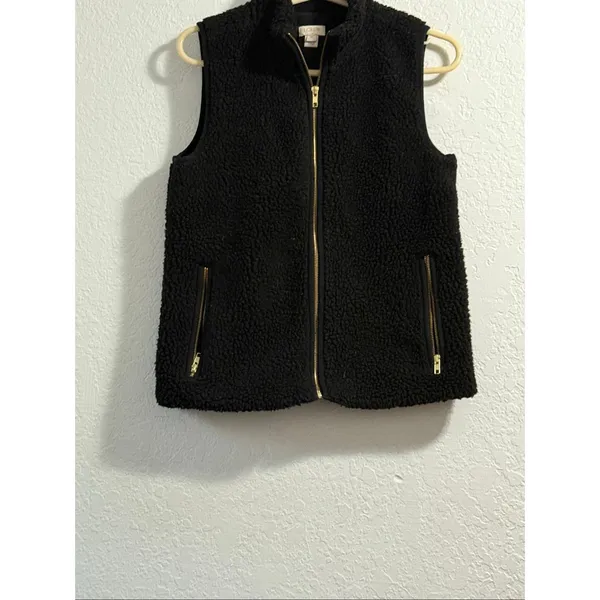 J. Crew Women's Plush Fleece Sherpa Excursion Vest Black XS Gold Pockets - Image 2