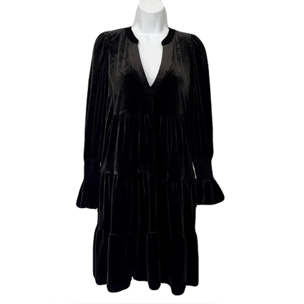 Pomander Place Black Velvet ‘Kenzo’ V Neck Tiered Long Sleeve Dress, Size XL - Image 5