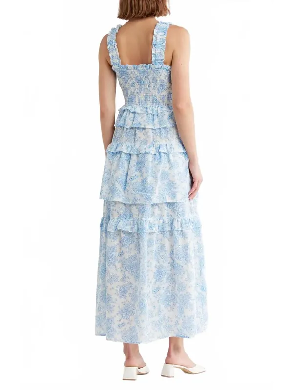 Maisie 100% Cotton Floral Smocked Ruffle Cotton Maxi Dress NWT Blue White XS - Image 2