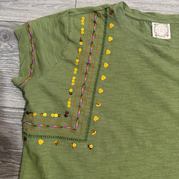 100% Cotton Women‎ Tee Size L Olive Green Embroidered Sequin Slub Crop Bohemian - Image 7
