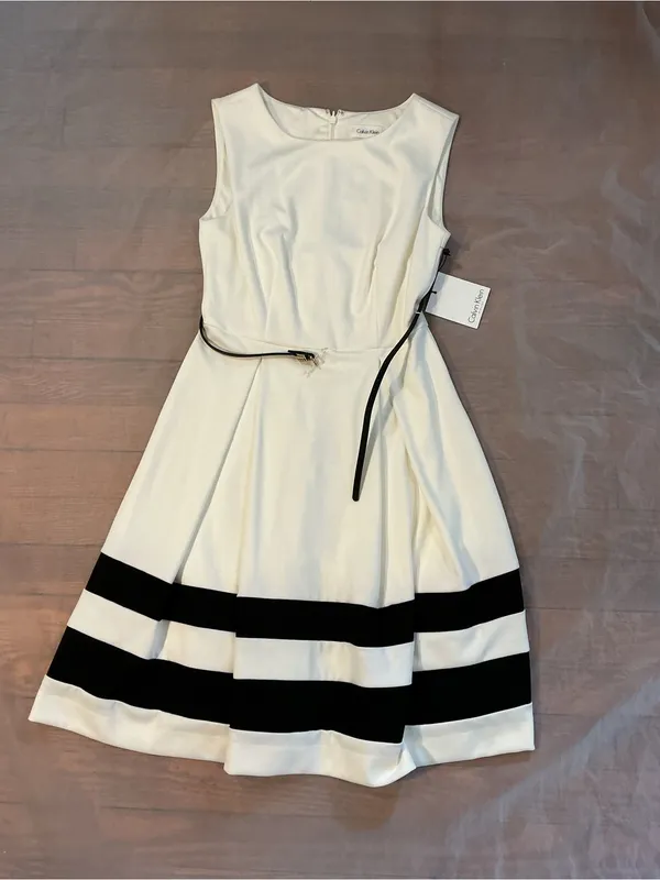 Calvin Klein White Sleeveless Mini Dress with Black Stripes - Image 2