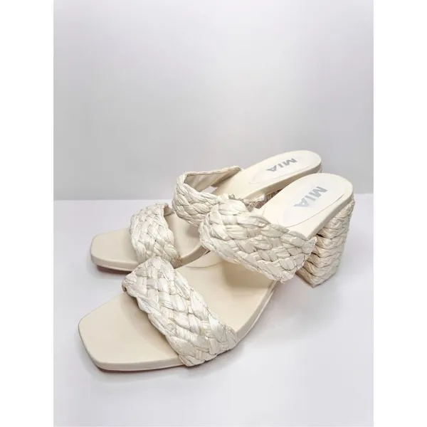 MIA Off‎ White Braided Block Heel Sandals Square Toe Mules Size 10 Raffia - Image 5