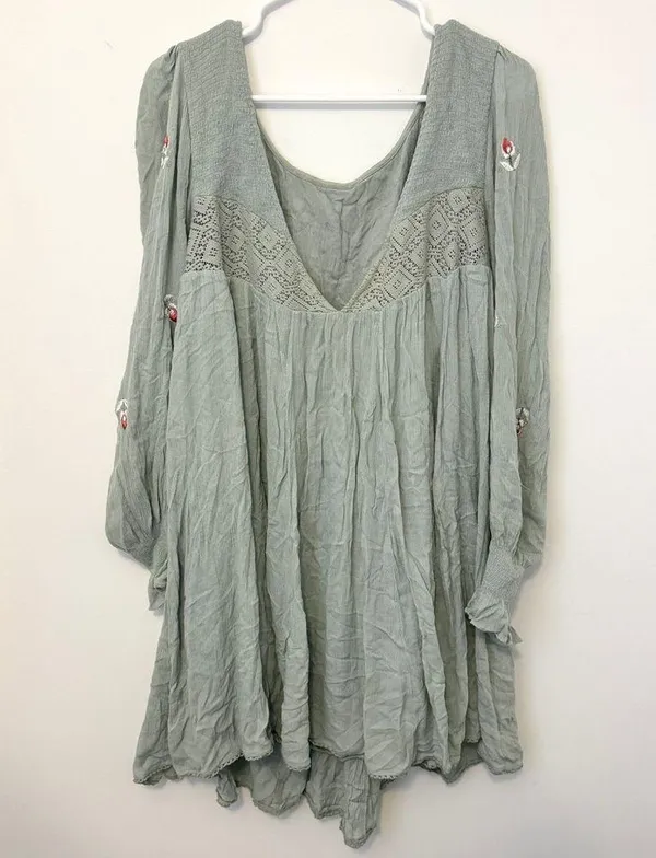 Free People Mohave Floral Embroidered Long-Sleeve Dress Size Large Sage Green - Image 7