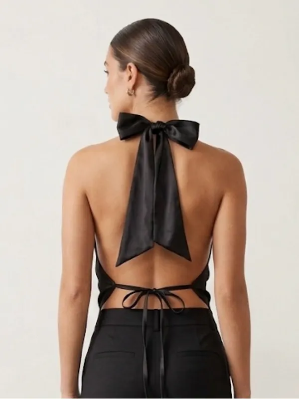 SHEIN Black Satin Backless Halter I Dress with Bow Ti M - Image 2