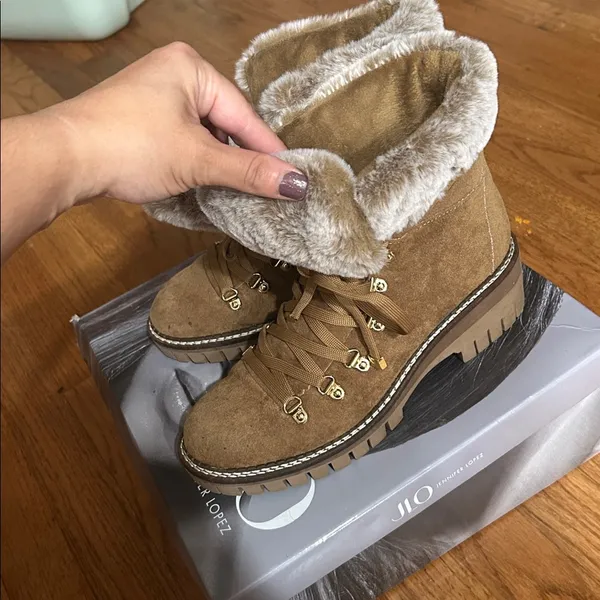 JLO Whiskey Avena Brown Suede Fur-Lined Ankle Combat Boots 8M NIB - Image 3
