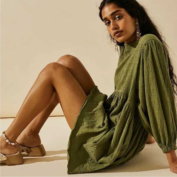 Free People Beach Green Get Obsessed Babydoll Mini Dress Long Balloon Sleeve‎ XS - Image 2