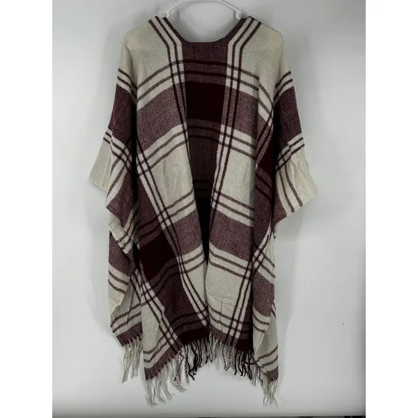 Banana Republic‎ Wrap Kimono Blanket Cashmere Blend Plaid Red Fringe Wine New - Image 3