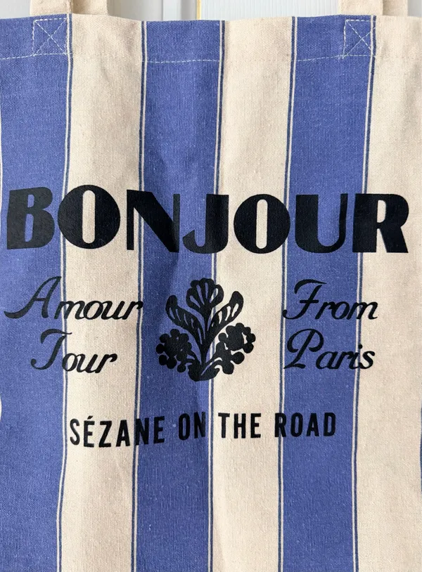 Sézane Blue Stripe Bonjour Amour Tour From Paris Canvas Tote - Image 4