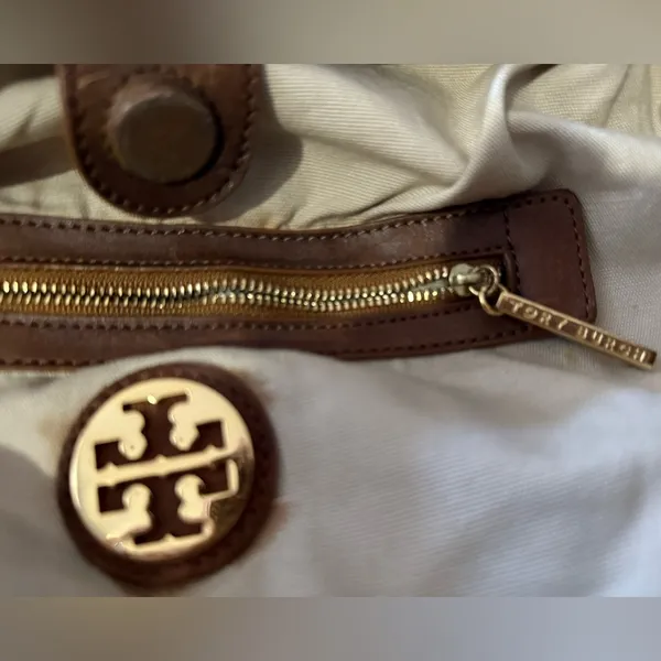 Tory Burch Shoulder Bag Canvas Leather Gold Logo Handbag Ladies Natural/Brown - Image 7