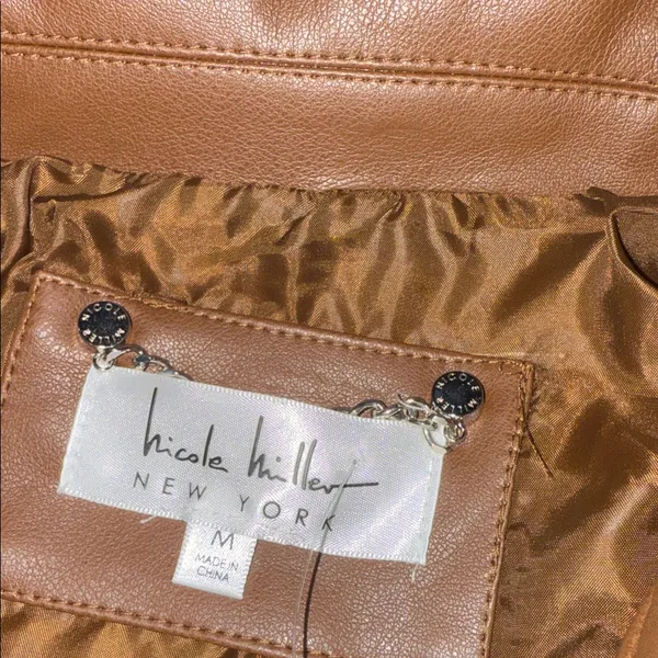 NWT Nicole Miller New York Faux Leather Motorcycle Jacket In Cognac Medium - Image 6