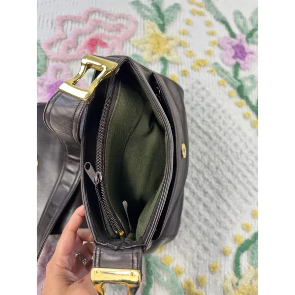 Vintage Dark Brown Leather Crossbody Bag Gold Hardware Flap‎ Snap Closure - Image 7