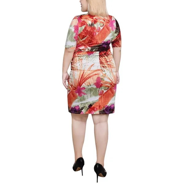 NWT Ny Collection Plus Size Elbow Sleeve Side Pleat Dress Flower Rays Pink 1X - Image 4
