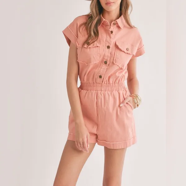Sadie & Sage Clear Eyes Denim Romper Coral Pink‎ NWT Size S - Image 6