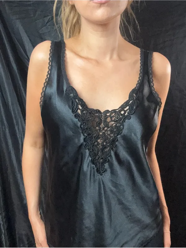 Vintage Black Lace Trim Satin Cami Top - Image 2