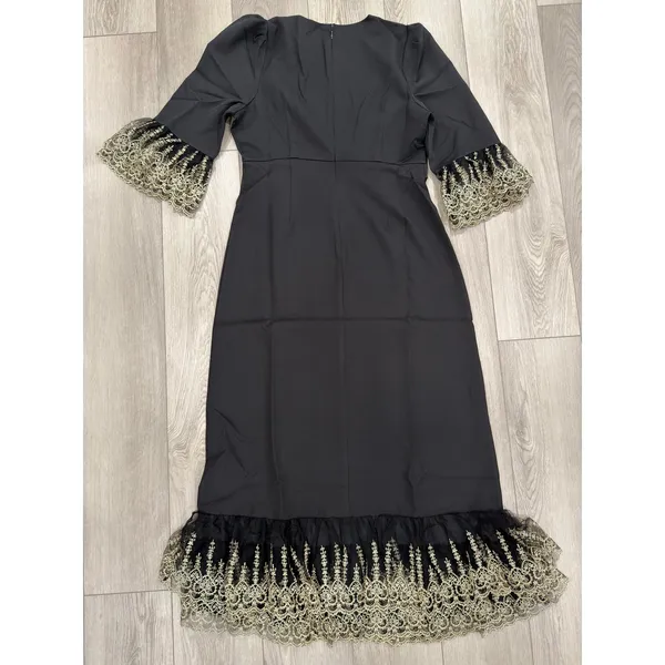 TUCKERNUCK Pomander Place Lilith Black Gold Ruffle Midi Cocktail Dress NWT M - Image 4